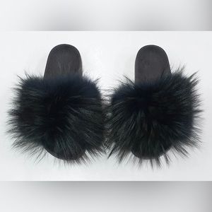 Black Fur Slides / Slippers from Greece, US Size 8 🖤